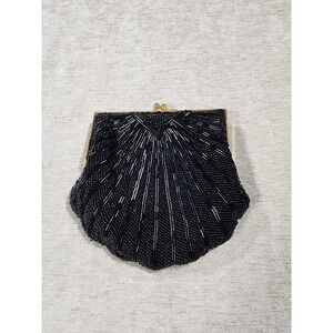 Hillard Hanson Beaded Clutch Evening Bag Purse Black Clamshell VTG 5.5x6